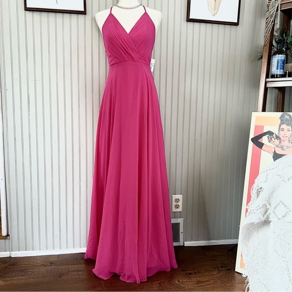 David’s Bridal Fuchsia Pink V Neck Pleated Chiffon Maxi Dress NWT - Picture 1 of 8